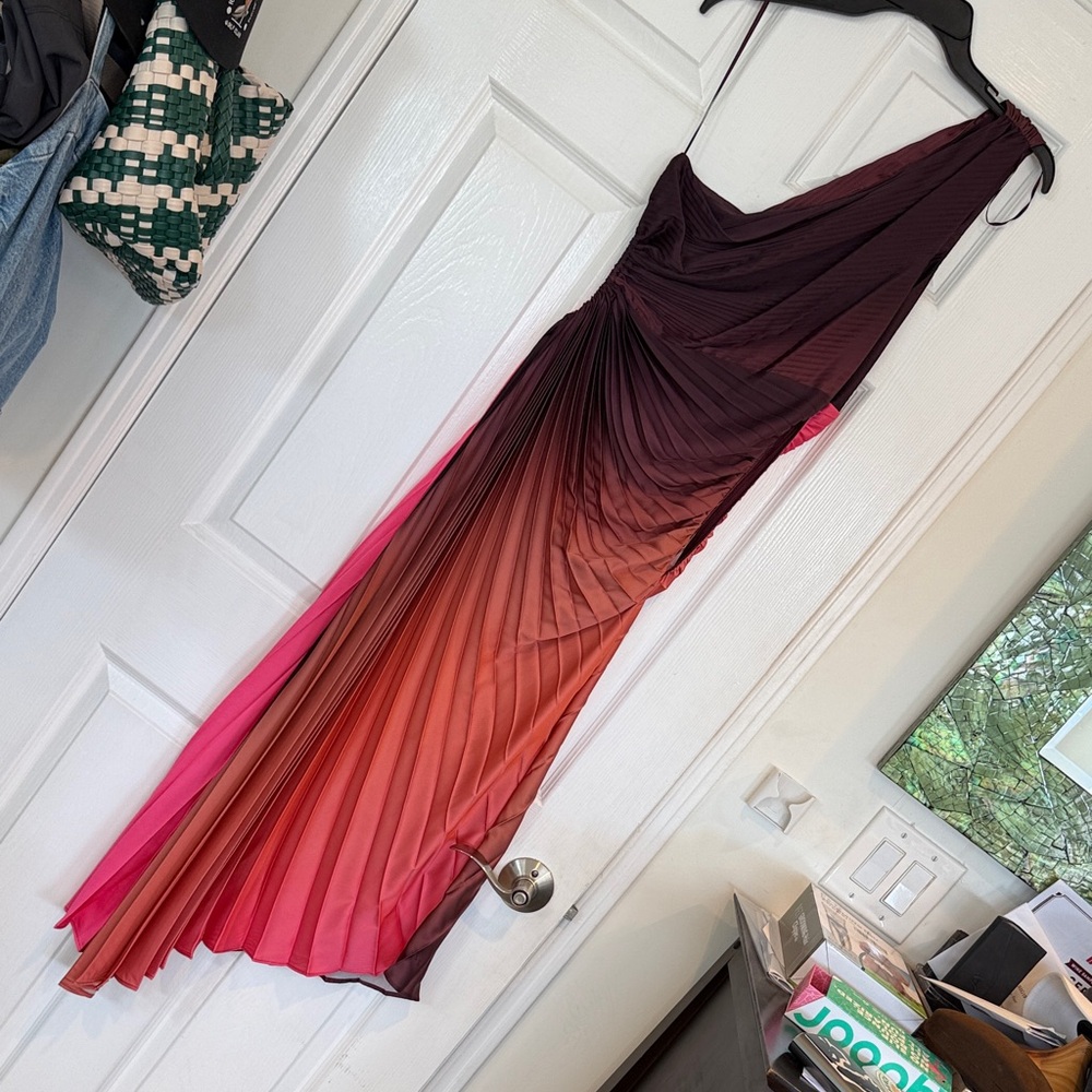 Fashion Nova One-Shoulder Ombre Pleated Gown in Burgundy-to-Pink - Picture 4 of 8